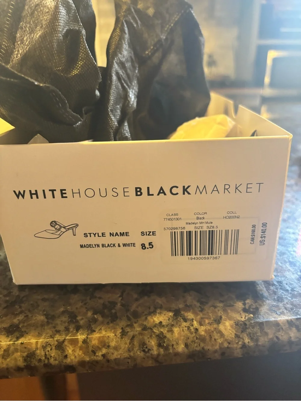 White House Black Market Black and White Rhinestone Buckle Pointed Mule Heels